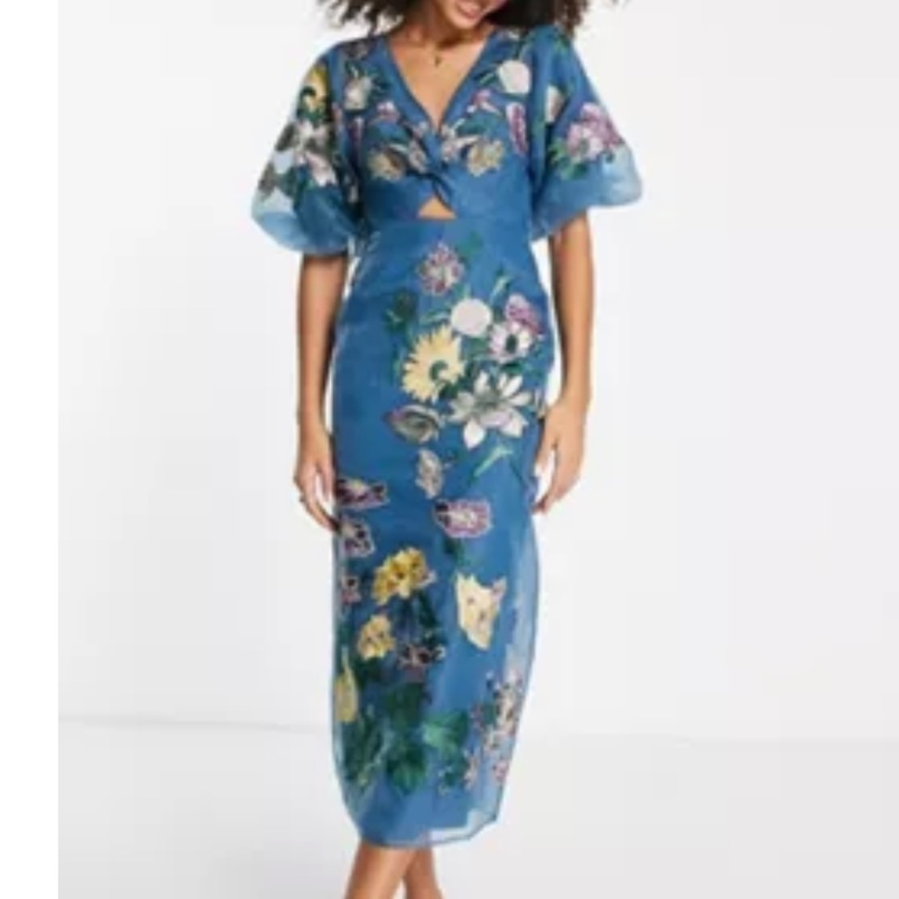 ASOS EDITION floral embroidered organza midi dress in steel blue